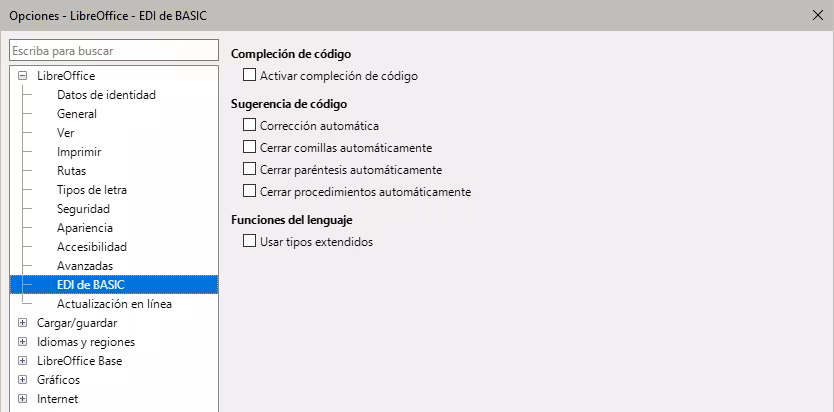 Dialogo Opciones, página LibreOffice - EDI de BASIC