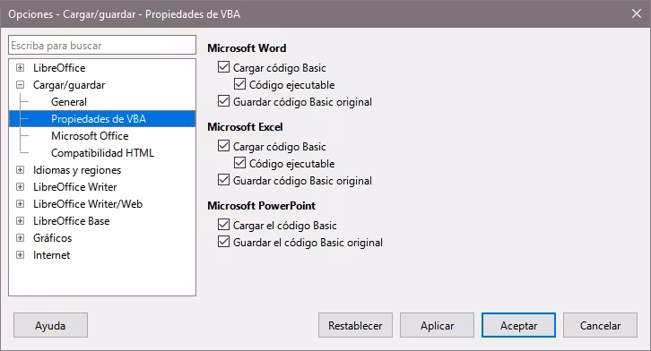 Dialogo Opciones, página Cargar/guardar - Propiedades de VBA