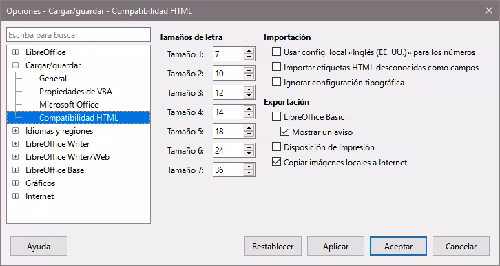 Dialogo Opciones, página Cargar/guardar - Compatibilidad HTML