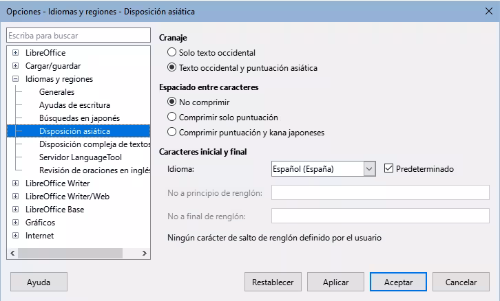 Diálogo Opciones, página Idiomas y regiones - Disposición asiática