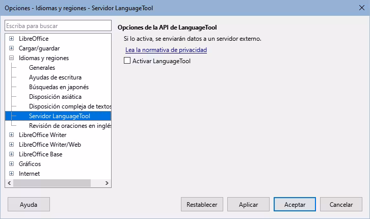 Diálogo Opciones, página Idiomas y regiones - Servidor LanguageTool