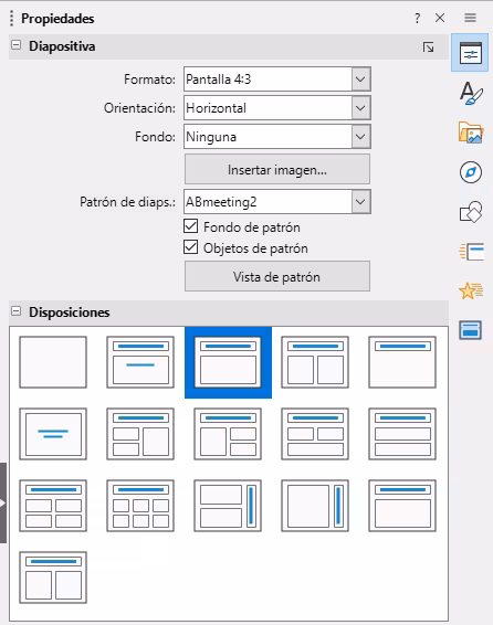 Paneles Diapositivas y Disposiciones en Propiedades de la Barra lateral