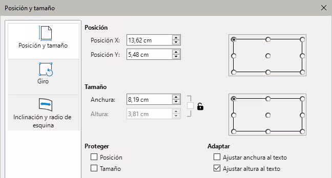 Diálogo Posición y tamaño