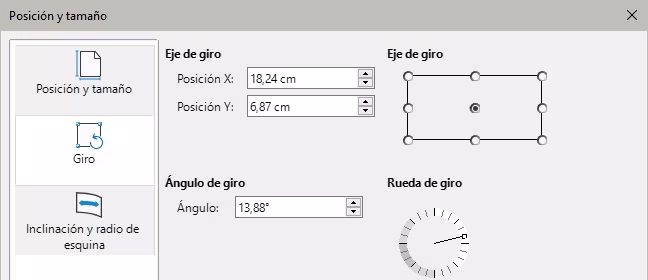 Diálogo Posición y tamaño - página Giro