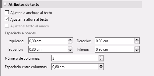 Panel Atributos de texto en Propiedades de la Barra lateral