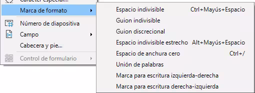 Menú Marca de formato