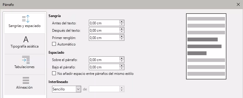 Diálogo Párrafo -  Página Sangrías y espaciado
