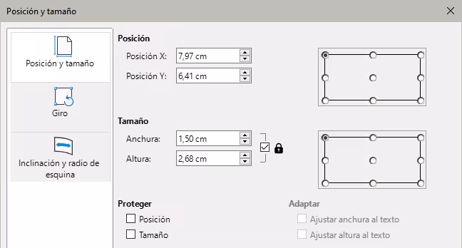 Diálogo Posición y tamaño