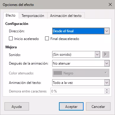 Diálogo Opciones del efecto - página Efecto