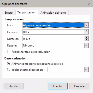 Diálogo Opciones del efecto - página Temporización