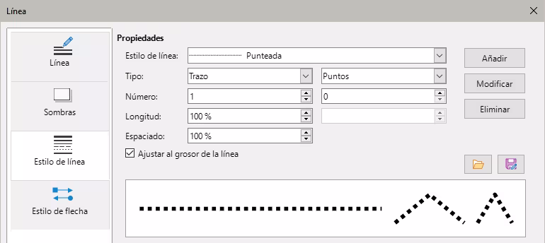 Diálogo Línea - página Estilos de línea