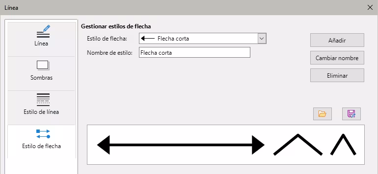 Diálogo Línea, página Estilos de Flecha