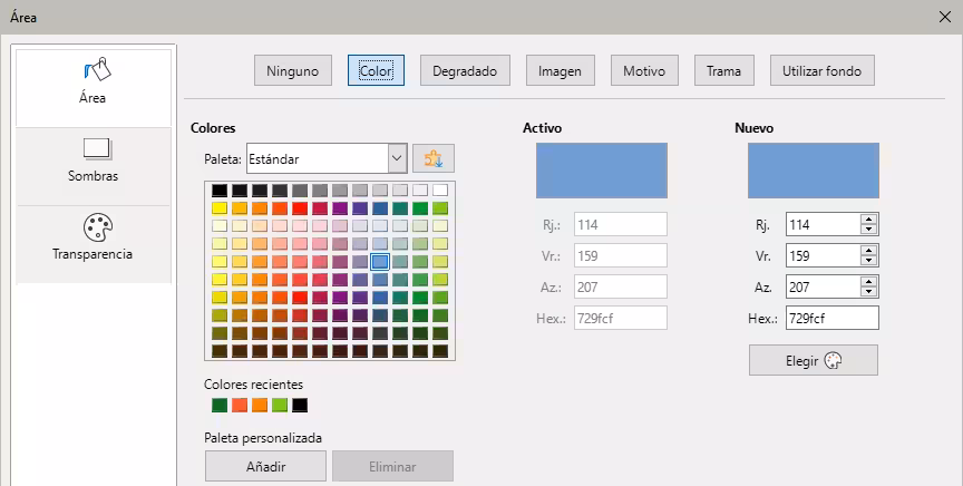 Diálogo Área - página Color