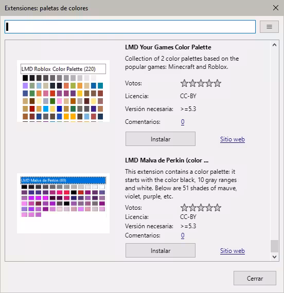 Instalar paletas de color desde extensiones