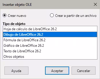 Diálogo Insertar objeto OLE