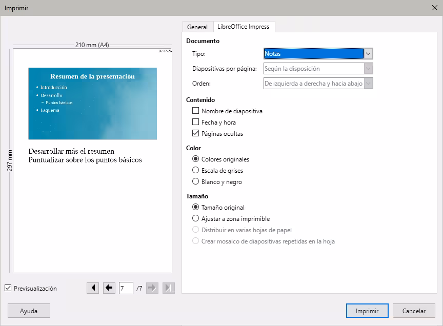 Diálogo Imprimir - página LibreOffice Impress
