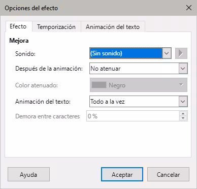 Diálogo Opciones de efecto - Página Efecto