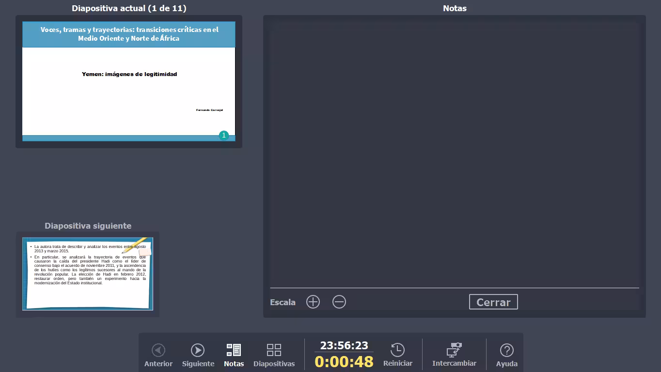Consola del presentador: vista Notas