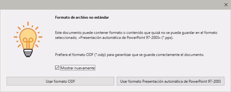 Diálogo Confirmar formato de archivo