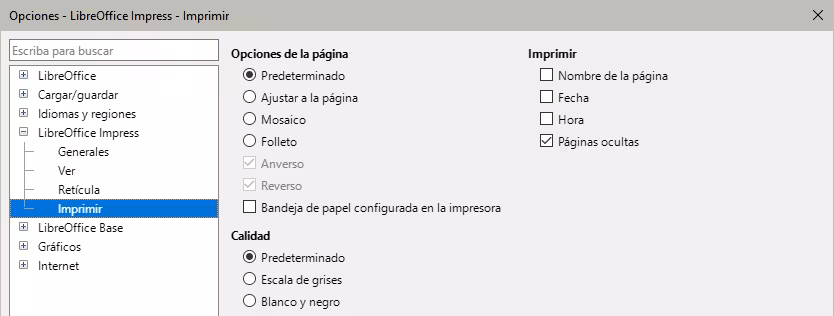 Opciones de impresión de LibreOffice Impress