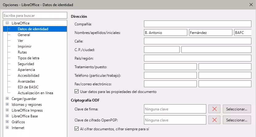 Opciones de LibreOffice - página Datos de identidad