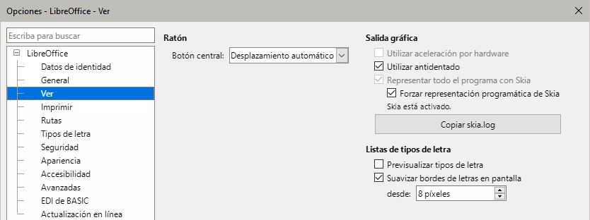 Opciones de LibreOffice - página Ver