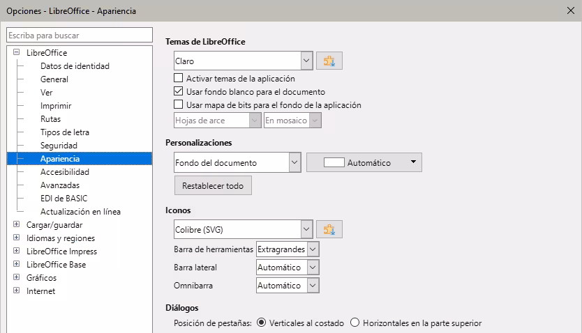 Opciones de LibreOffice - página Apariencia