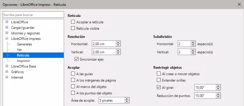 Opciones de LibreOffice Impress -página Retícula