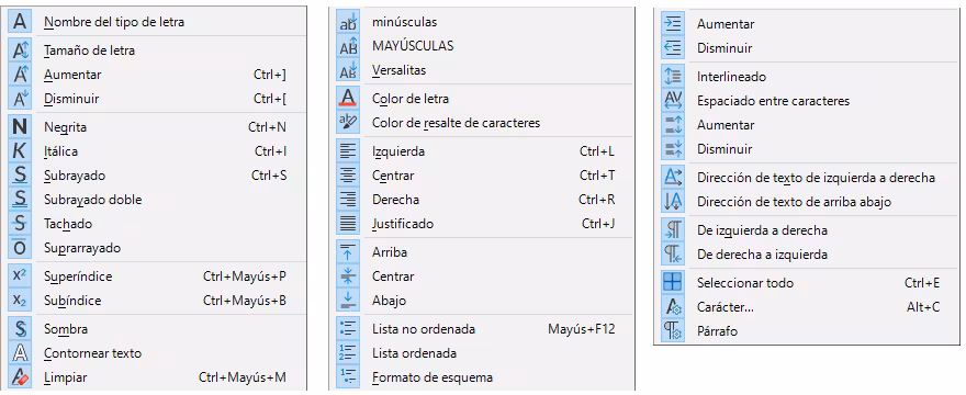 Botones de la barra de herramientas Formato de texto