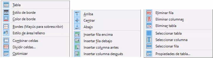 Botones de la barra de herramientas Tabla