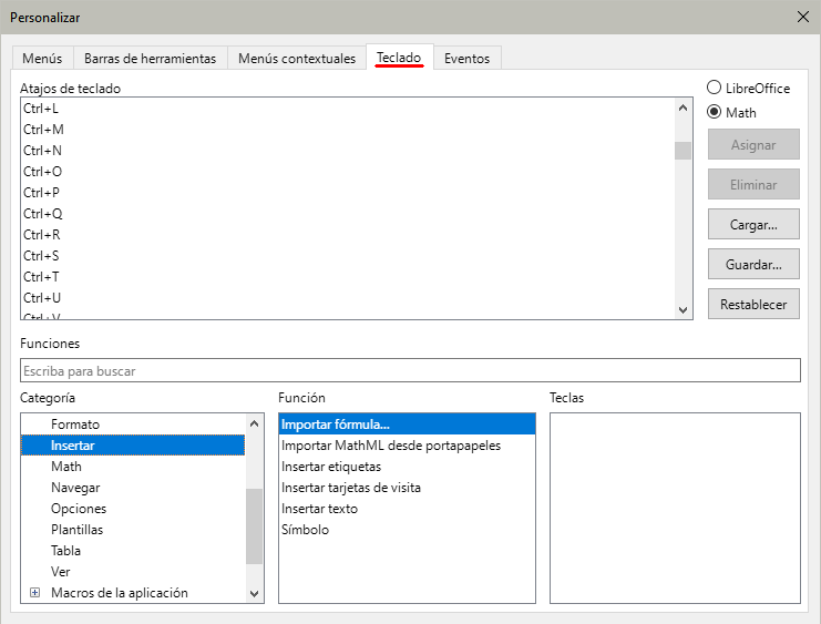 Diálogo Personalizar - pestaña Teclado