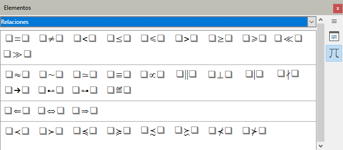 Panel elementos, operadores de relación