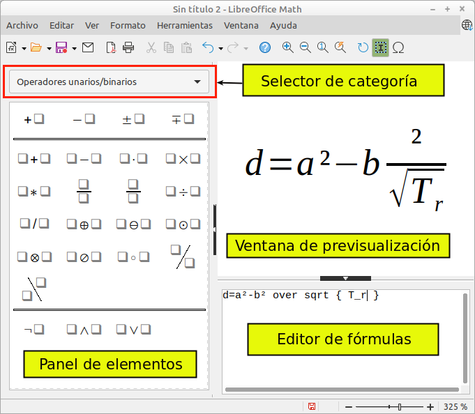 Descripción de la Interfaz de Math para editar una fórmula