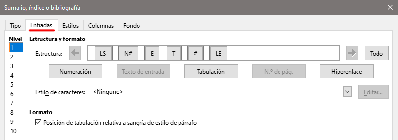 Página Entradas del diálogo Sumario, índice o bibliografía