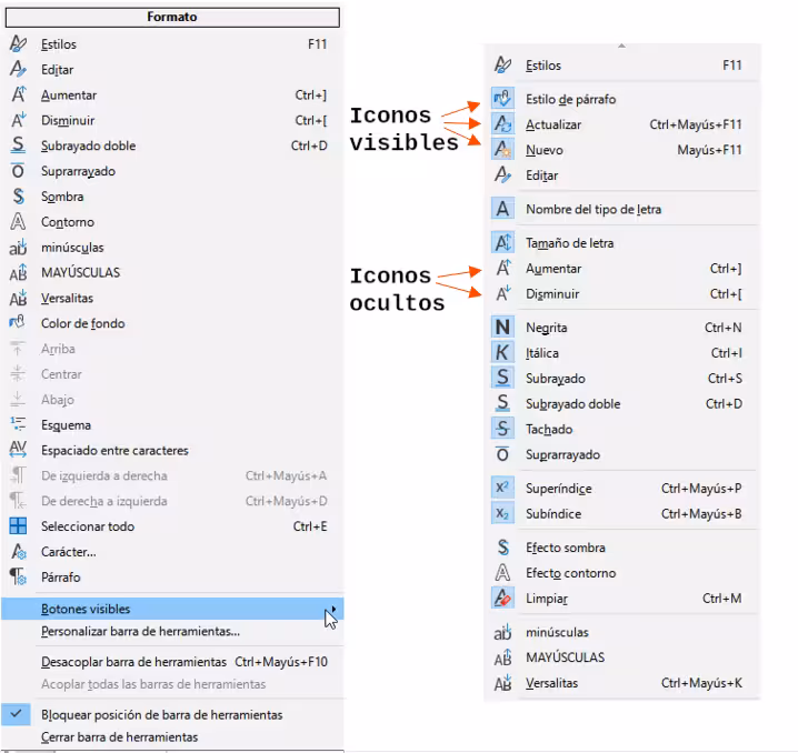 Menú contextual de la barra de herramientas y selección de iconos visibles: