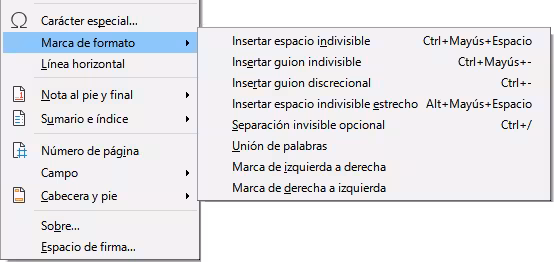 Menú Insertar, submenu Marca de formato