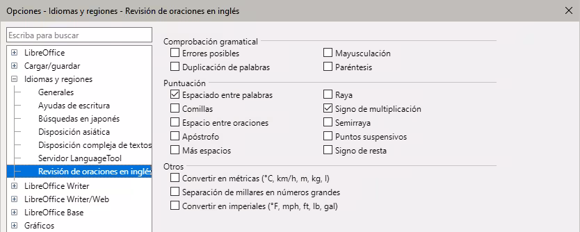 Opciones de Revisión gramatical para inglés