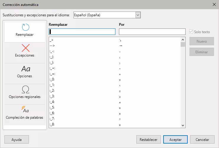 Página Reemplazar del diálogo Corrección automática