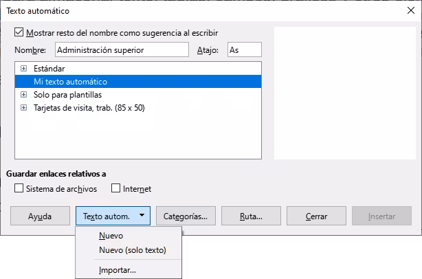 Definición de una nueva entrada de Texto automático