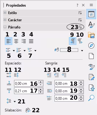 Panel Párrafo de la página Propiedades en la Barra Lateral