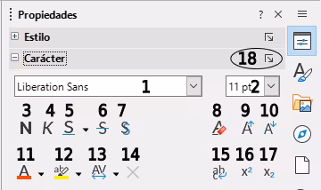 Panel Carácter en la página Propiedades de la Barra lateral