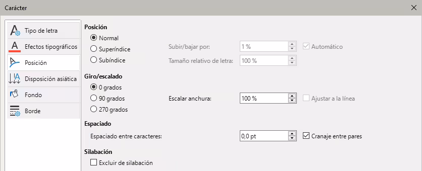 Página Posición (diálogo Carácter)