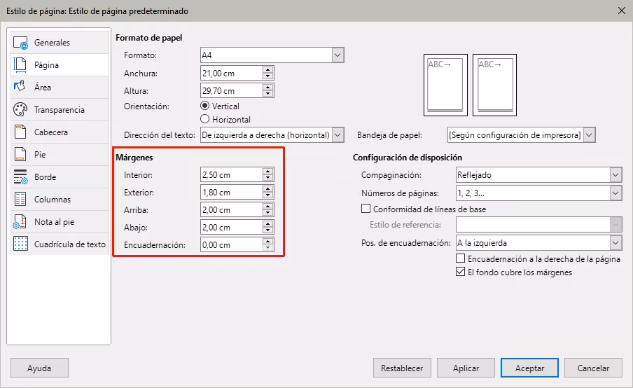 Página «Página» en el diálogo Estilo de página