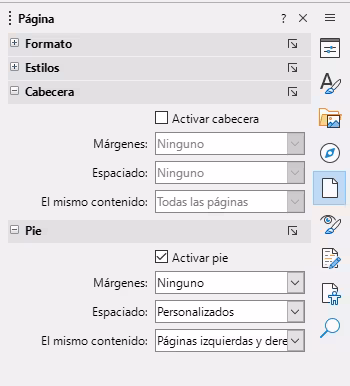 Formato de cabecera o pie de página en la barra lateral