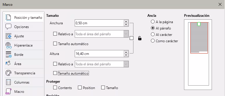 Definición del tamaño del marco del pie de página