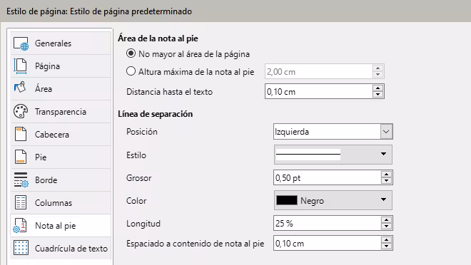 Opciones de la nota al pie y línea de separación