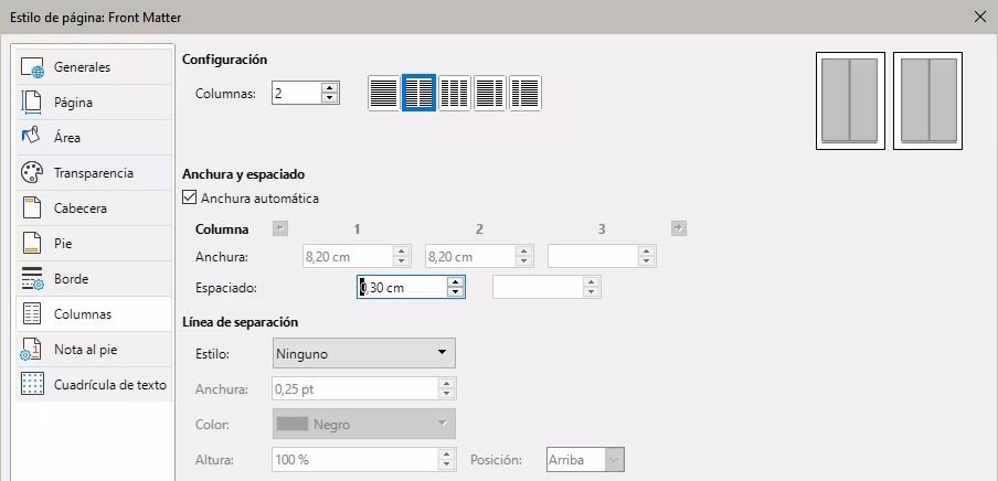 Definir el número de columnas en un estilo de página