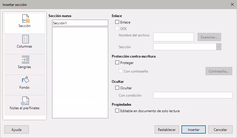 Diálogo Insertar sección