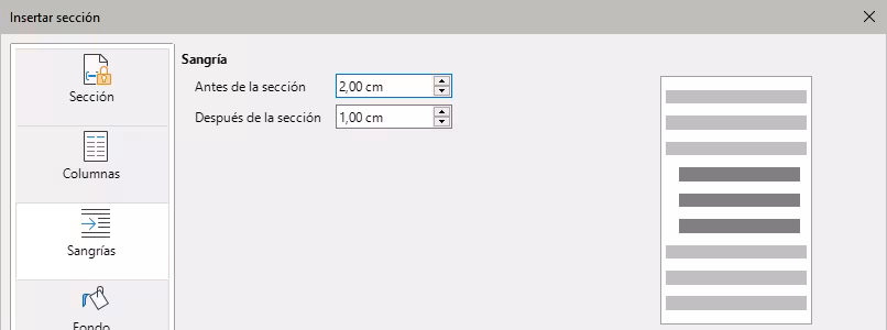 Página Sangría del diálogo Insertar sección