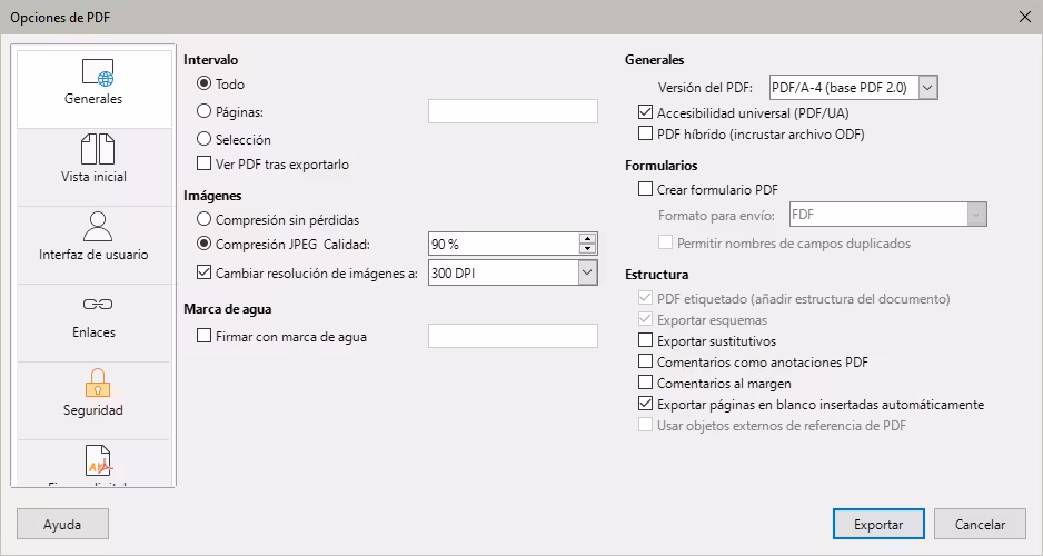 Página General del diálogo Opciones de PDF 